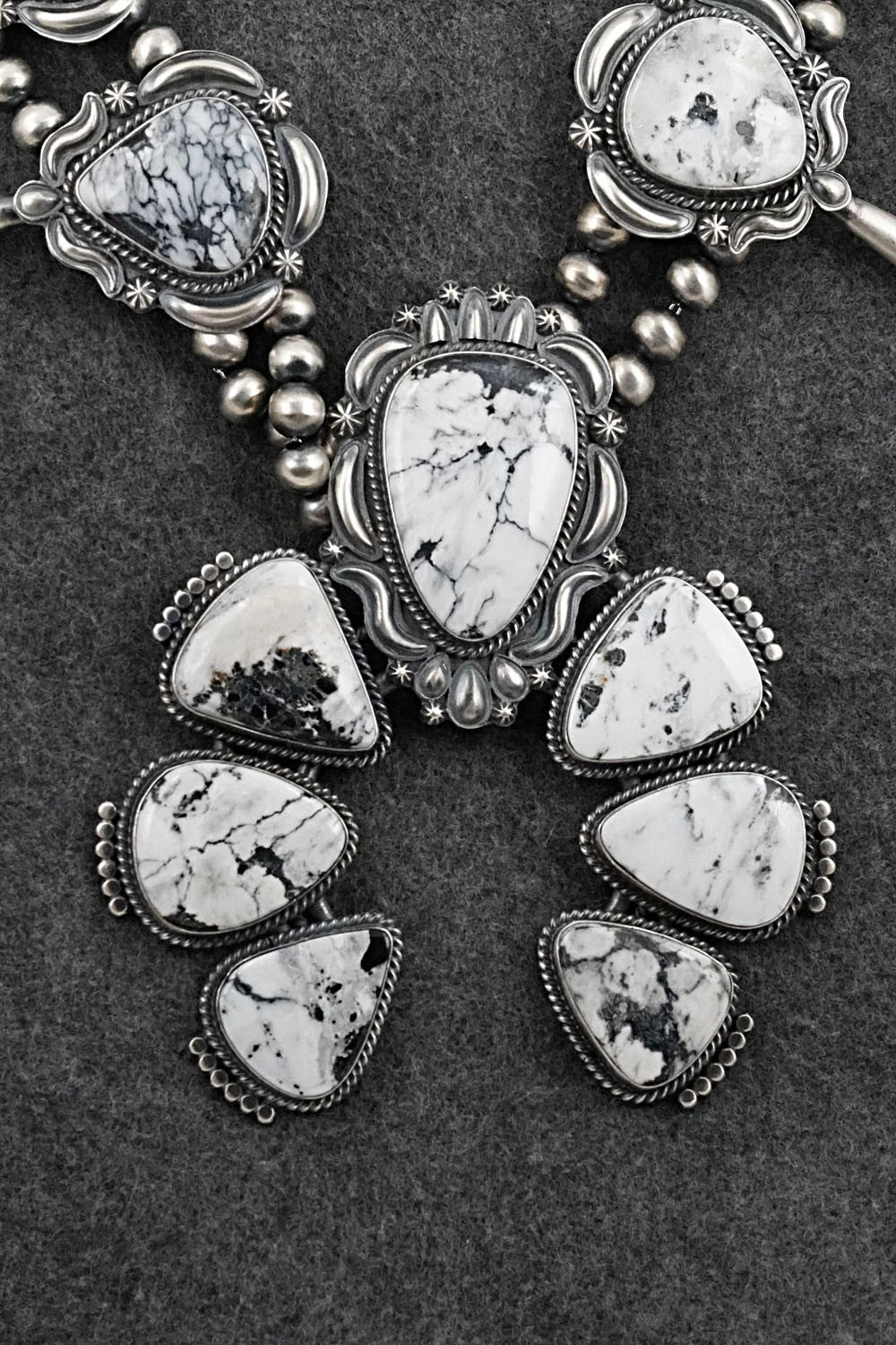 White Buffalo & Sterling Silver Squash Blossom Set - Raymond Delgarito