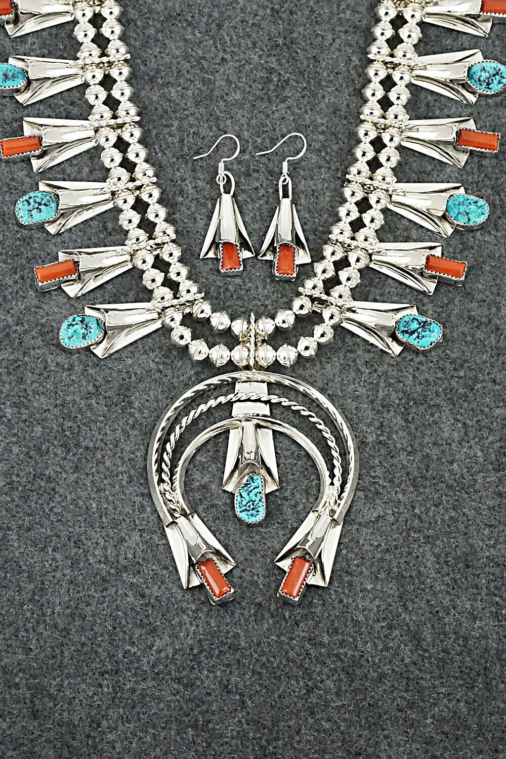 Turquoise, Coral & Sterling Silver Squash Blossom Set - Louise Yazzie