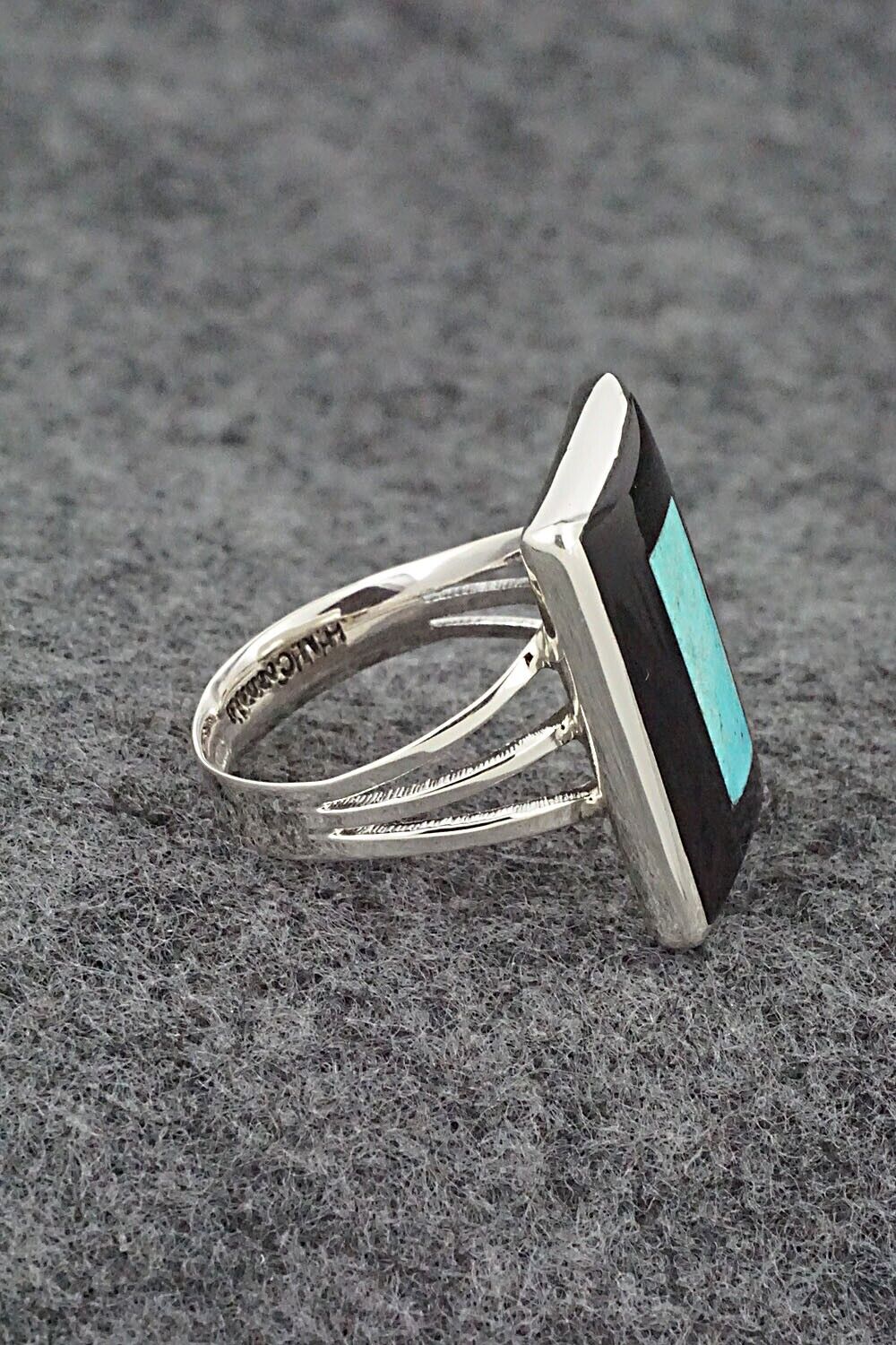 Turquoise, Onyx & Sterling Silver Ring - Harlan Coonsis - Size 8.75