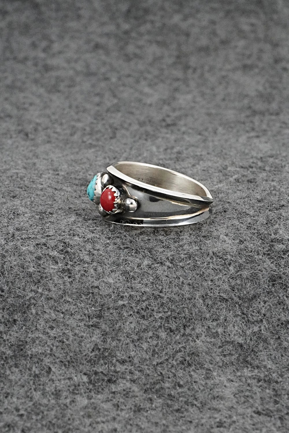 Turquoise, Coral & Sterling Silver Ring - Paul Largo - Size 8.5