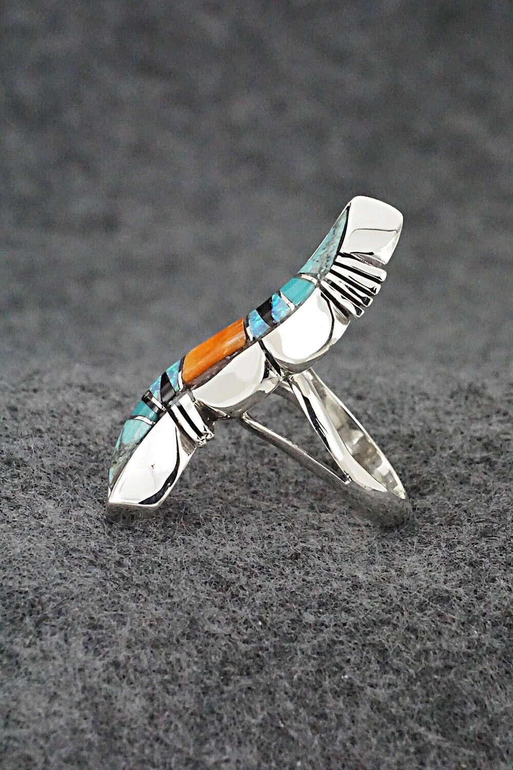 Multi-Stone & Sterling Silver Inlay Ring - James Manygoats - Size 6.5