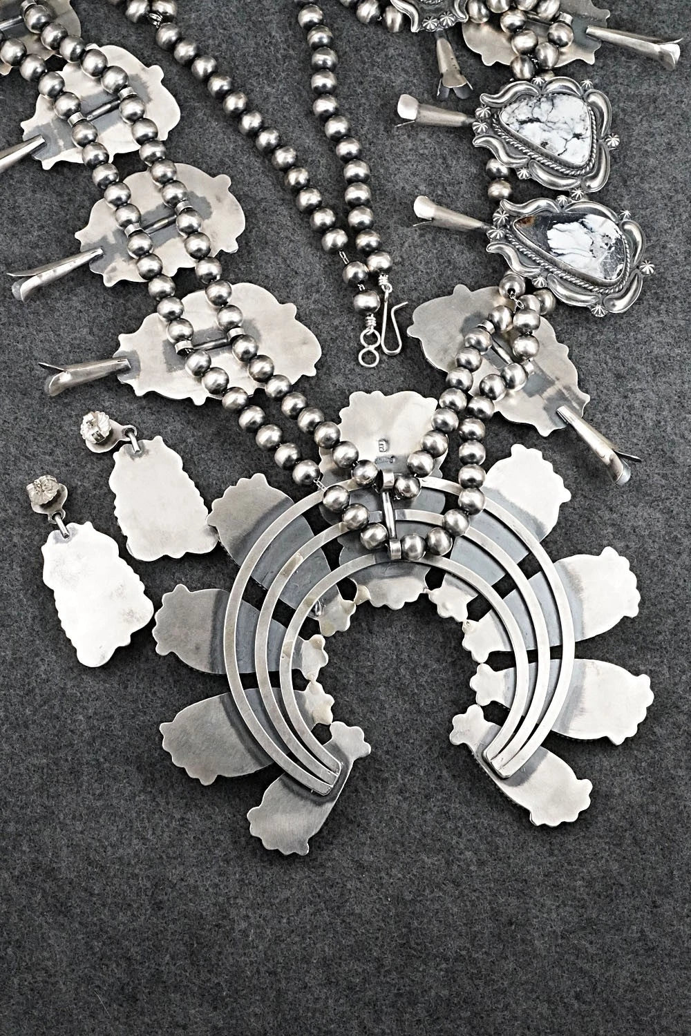 White Buffalo & Sterling Silver Squash Blossom Set - Raymond Delgarito