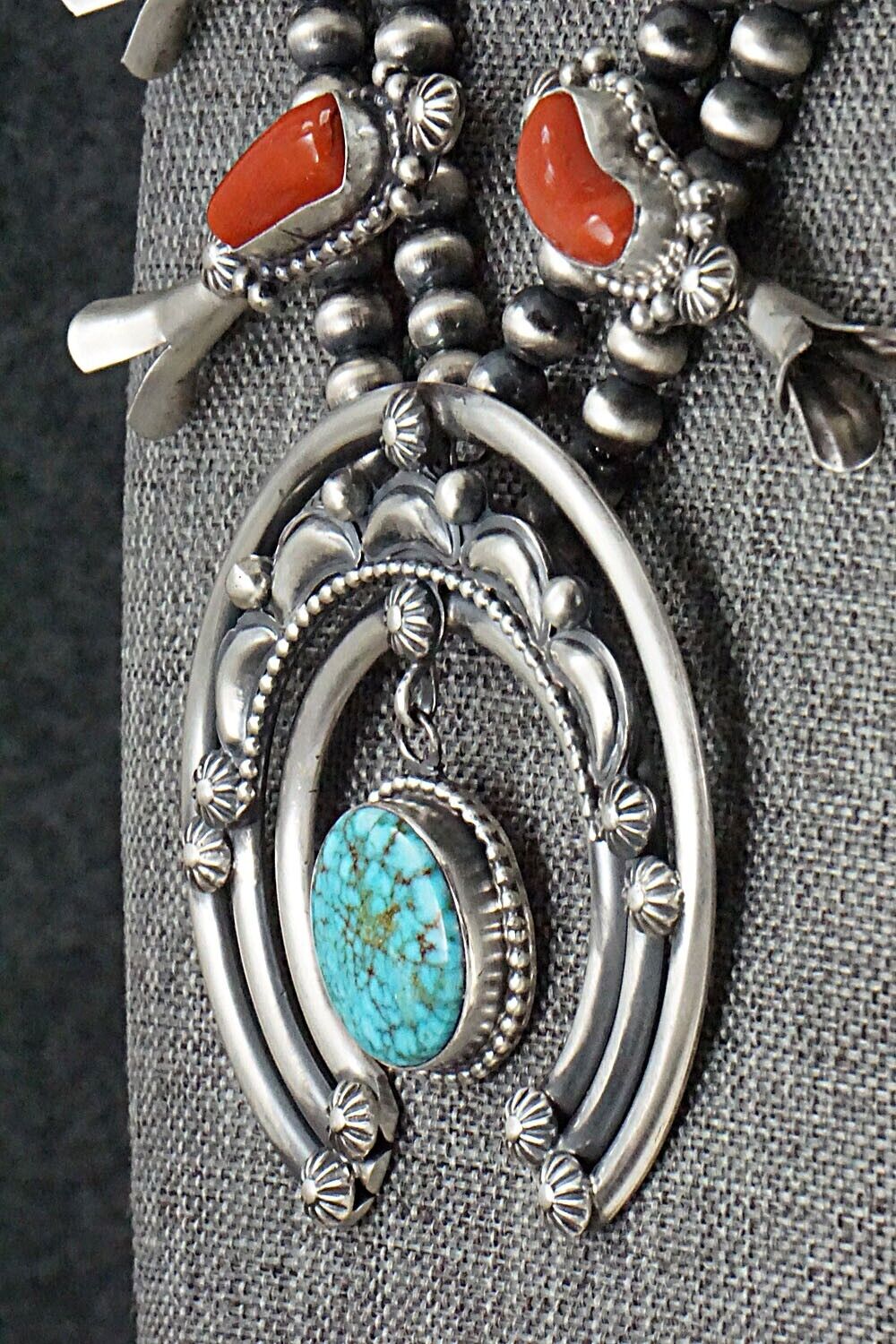 Turquoise, Coral & Sterling Silver Squash Blossom Set - Tom Lewis