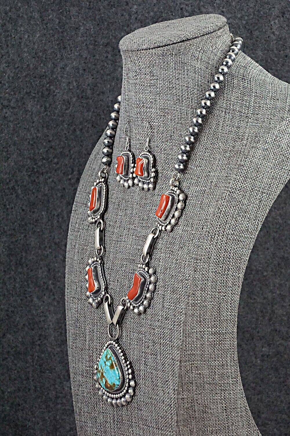 Turquoise, Coral & Sterling Silver Necklace and Earrings Set - Tom Lewis