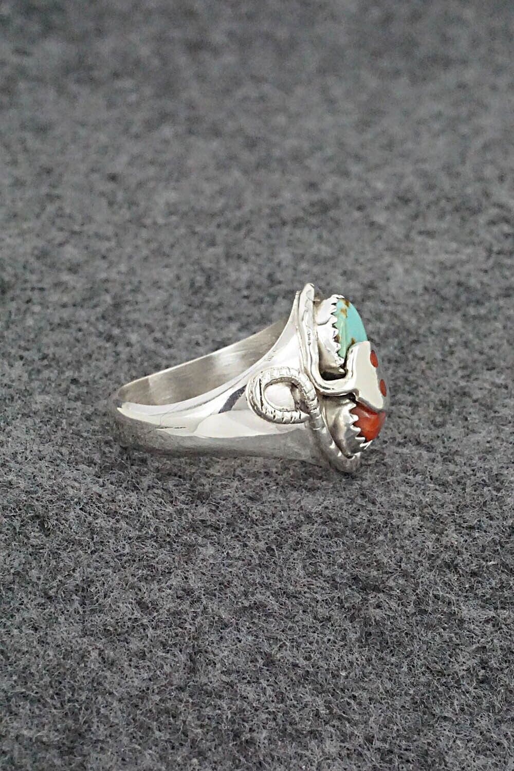 Turquoise, Coral & Sterling Silver Ring - Joy Calavaza - Size 7.5