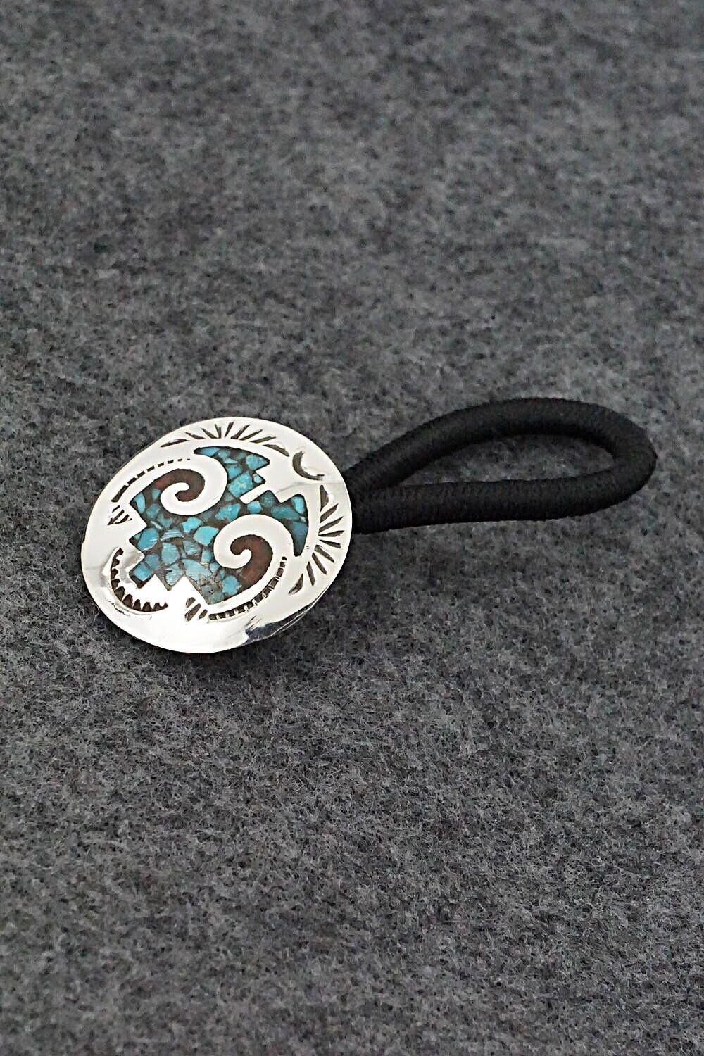 Turquoise, Coral Chip Inlay & Sterling Silver Hair Tie - Joleen Yazzie