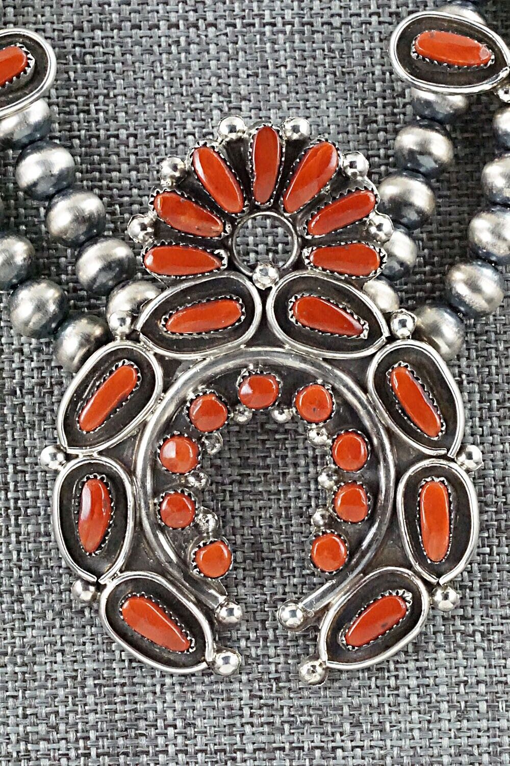 Coral & Sterling Silver Squash Blossom and Earrings Set - Vie Bobelu