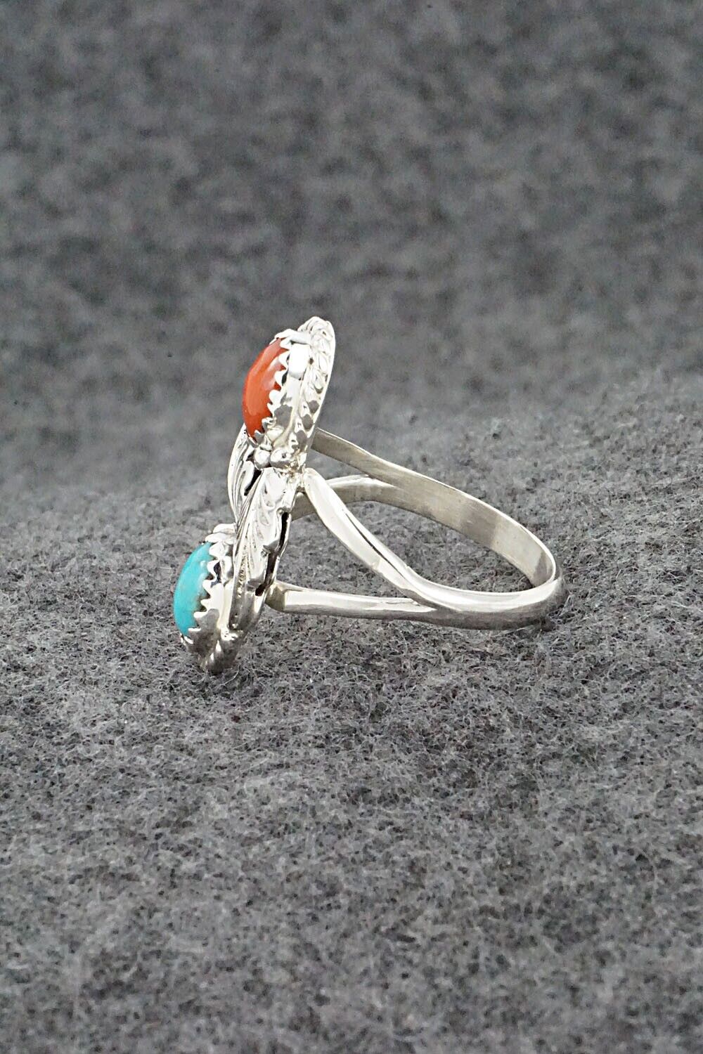 Turquoise, Coral & Sterling Silver Ring - Robert Martinez - Size 8.25