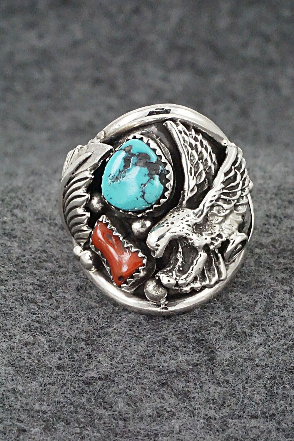 Turquoise, Coral & Sterling Silver Ring - Jeannette Saunders - Size 11