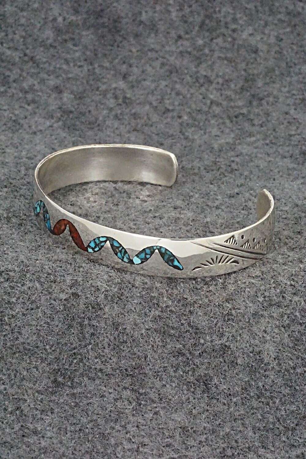 Turquoise, Coral Chip Inlay & Sterling Silver Bracelet - Joleen Yazzie