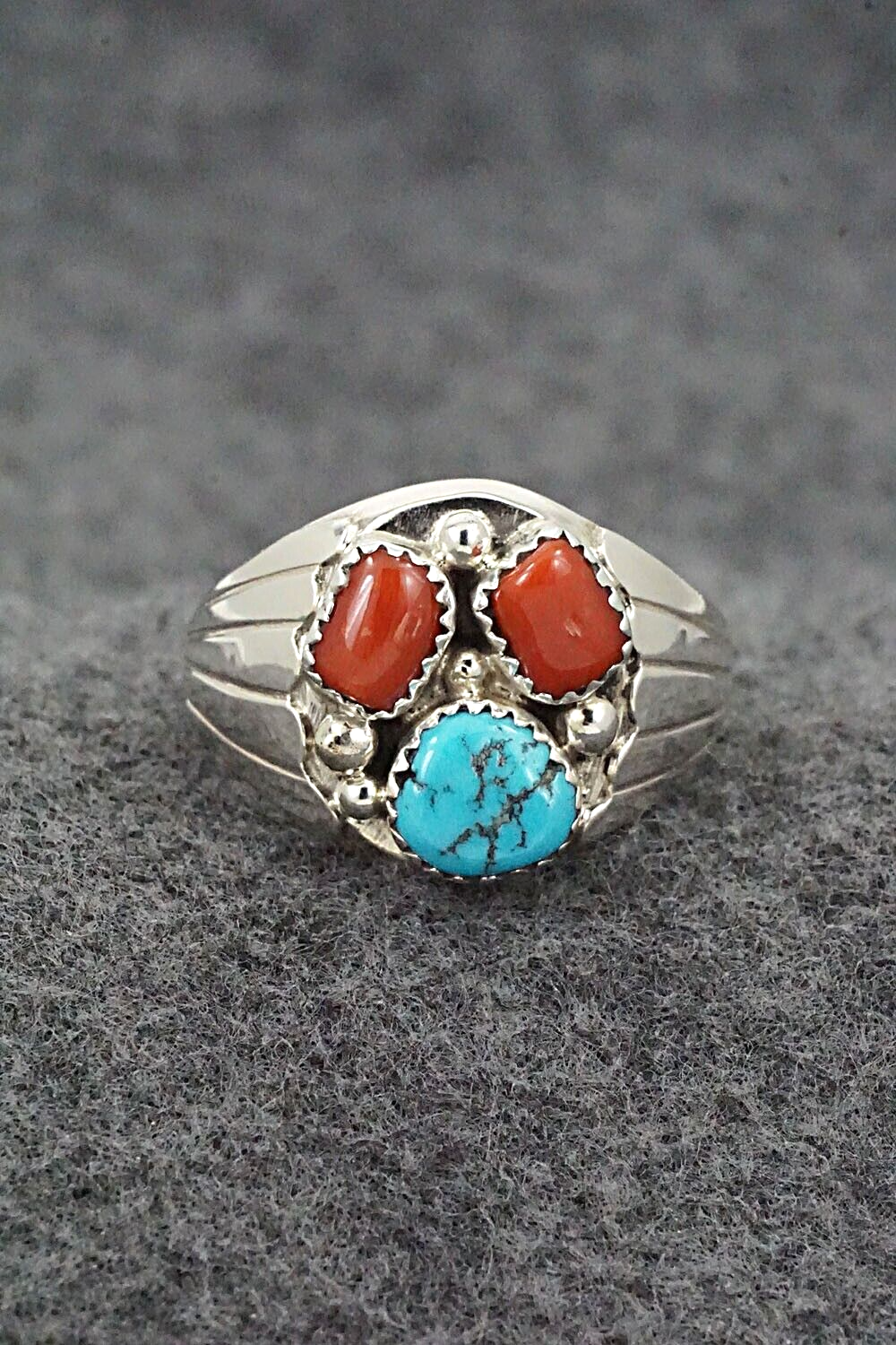 Turquoise, Coral and Sterling Silver Ring - Annie Spencer - Size 13.5