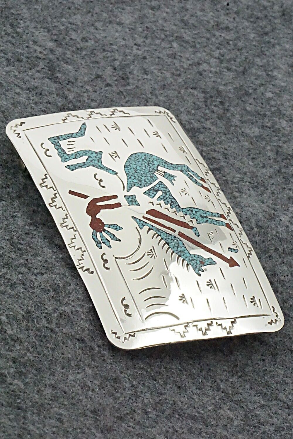 Turquoise, Coral Chip Inlay & Sterling Silver Belt Buckle - Raymond Begay