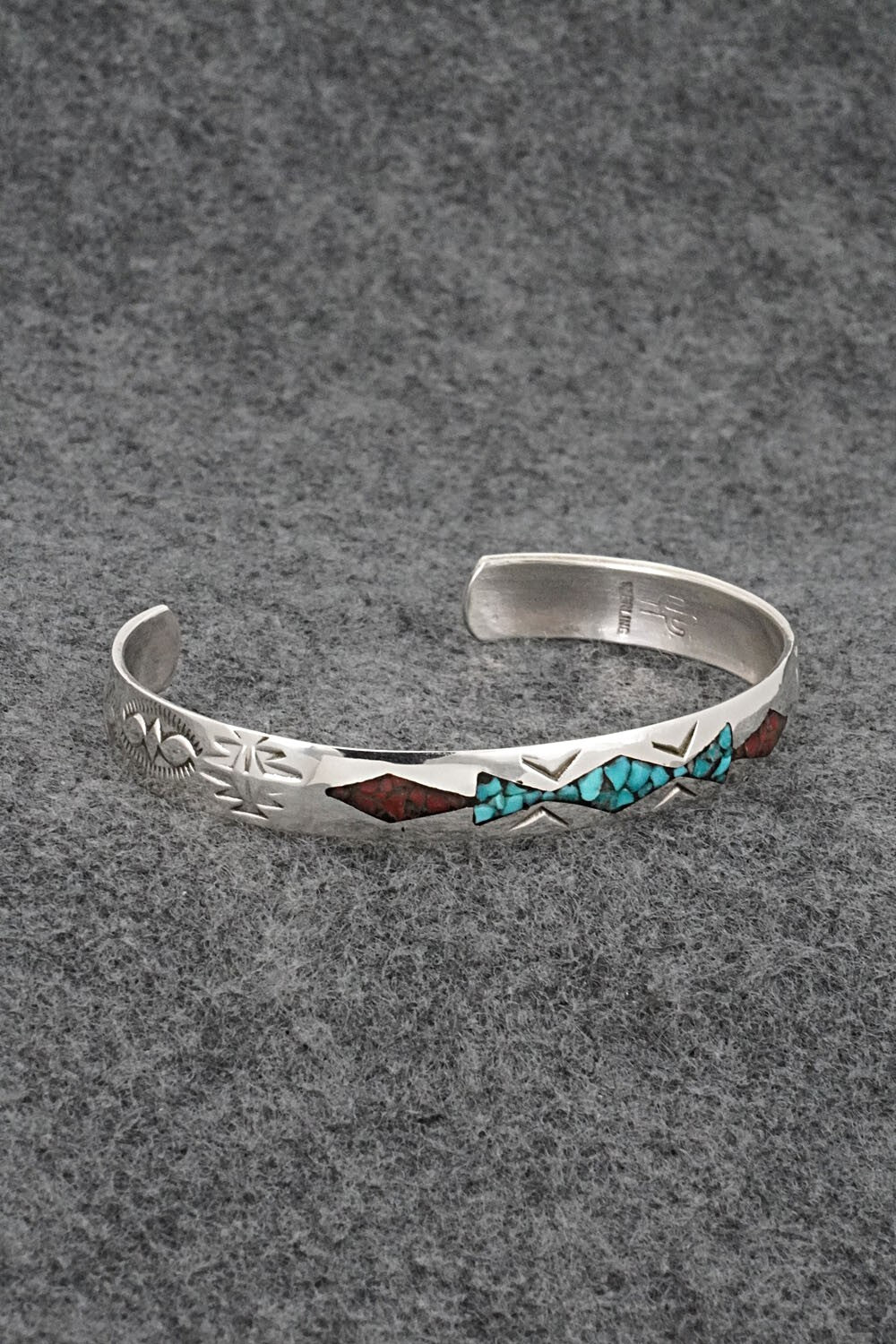 Turquoise, Coral Chip Inlay & Sterling Silver Bracelet - Joleen Yazzie