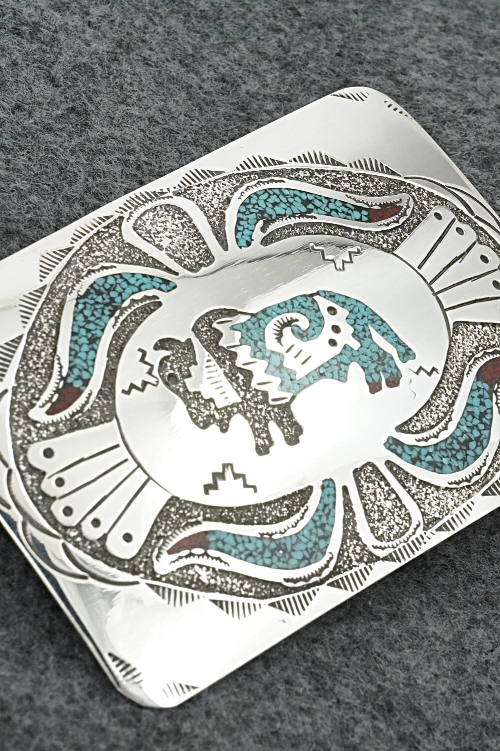 Turquoise, Coral Chip Inlay & Sterling Silver Belt Buckle - Raymond Begay
