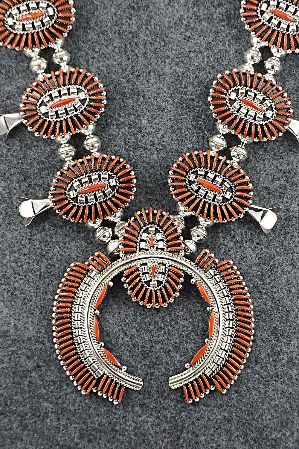 Coral & Sterling Silver Squash Blossom Set - Edmund Cooeyate