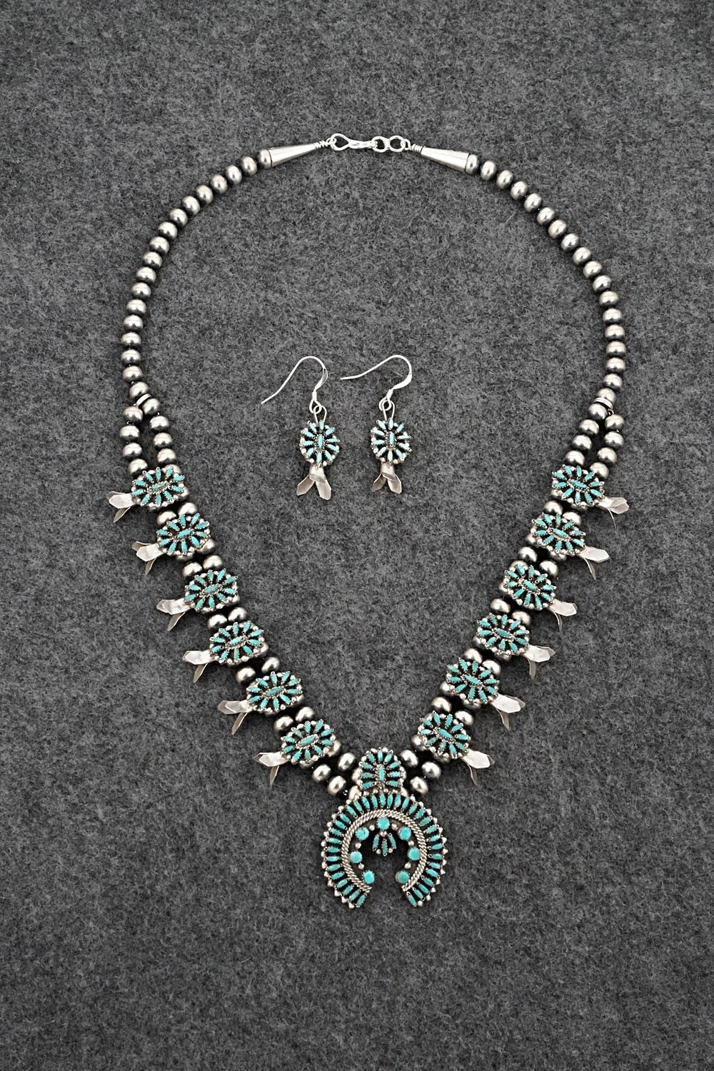 Turquoise & Sterling Silver Mini Squash Blossom Set - Lorena Peina