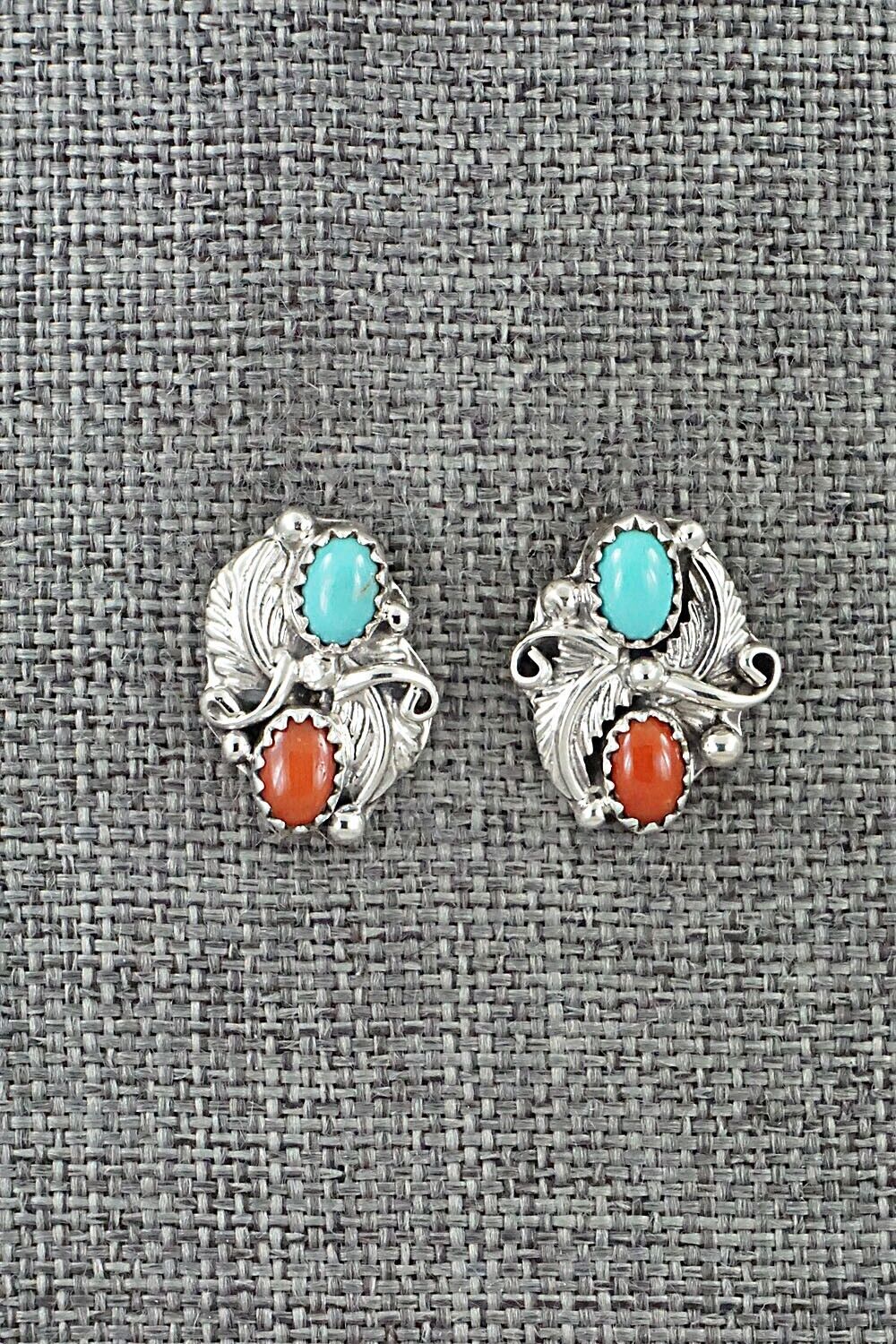 Turquoise, Coral & Sterling Silver Earrings - Genevieve Francisco