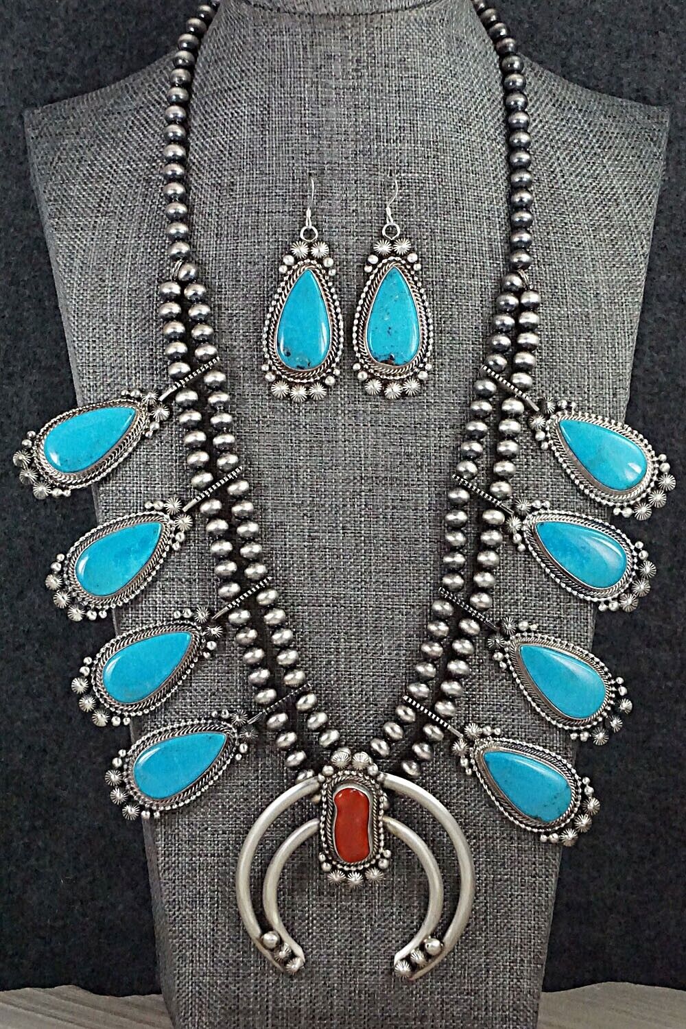 Turquoise, Coral & Sterling Silver Squash Blossom Set - Tom Lewis