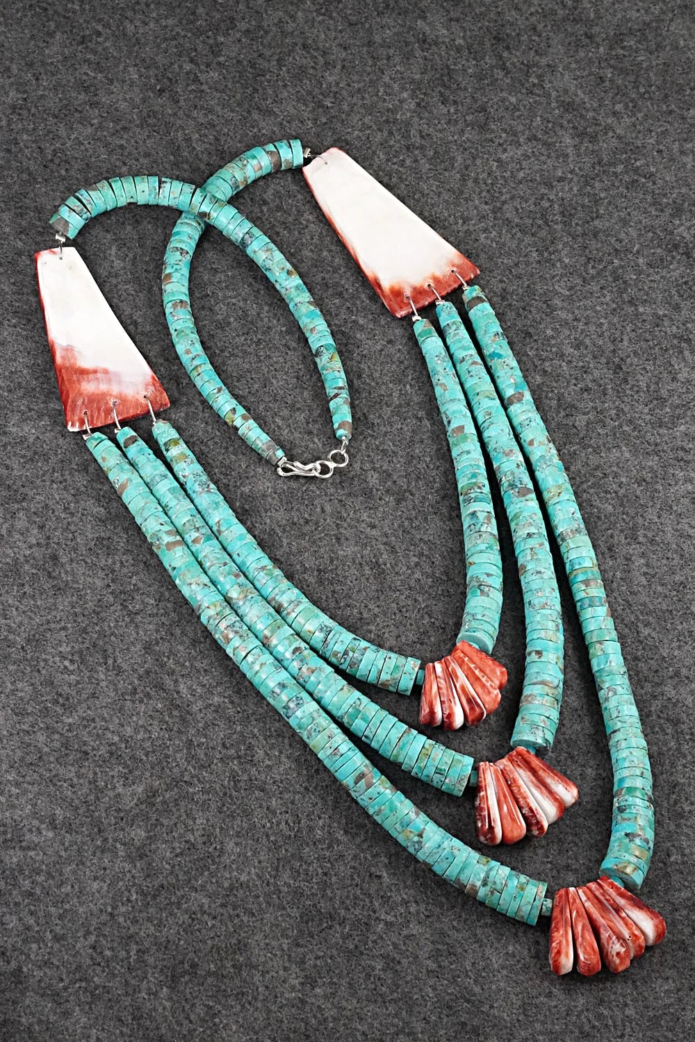 Turquoise, Spiny Oyster and Sterling Silver Necklace - Lupe Lovato