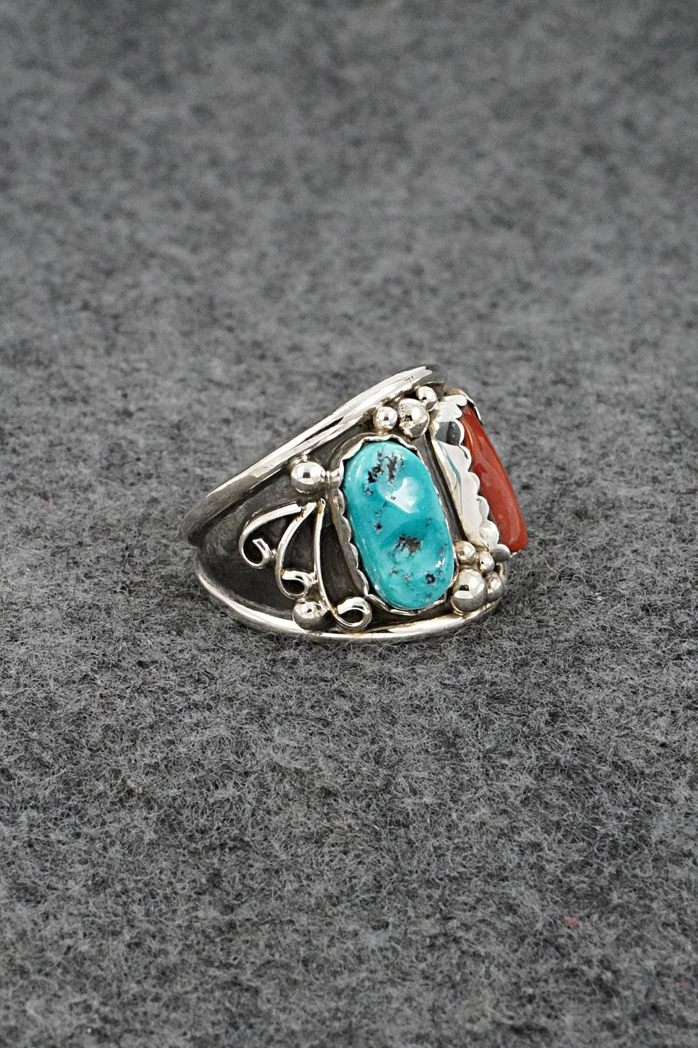 Turquoise, Coral & Sterling Silver Ring - Darrell Morgan - Size 12
