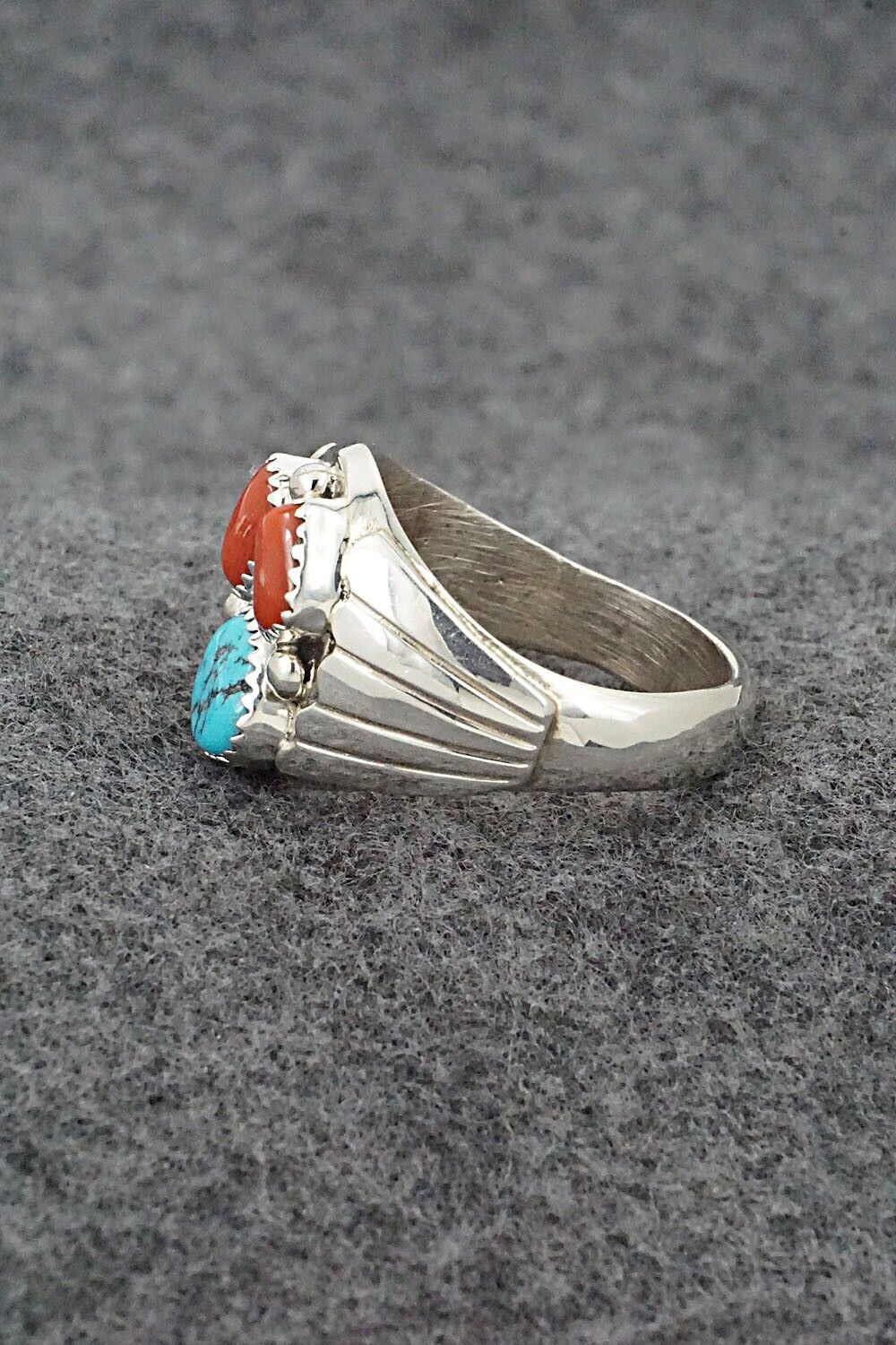 Turquoise, Coral and Sterling Silver Ring - Annie Spencer - Size 13.5