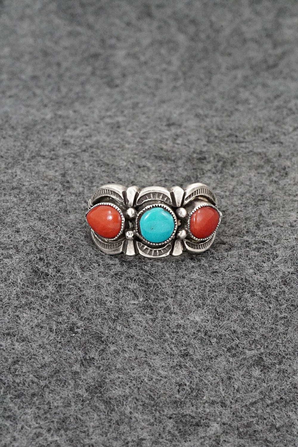 Turquoise, Coral & Sterling Silver Ring - Calvin Martinez - Size 9
