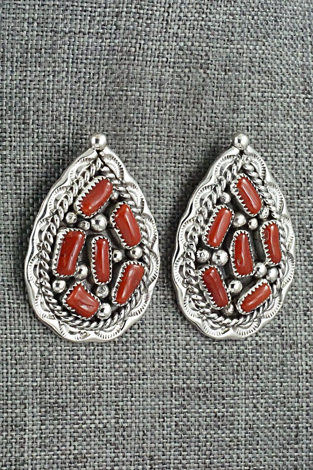 Coral & Sterling Silver Earrings - Chester Charley