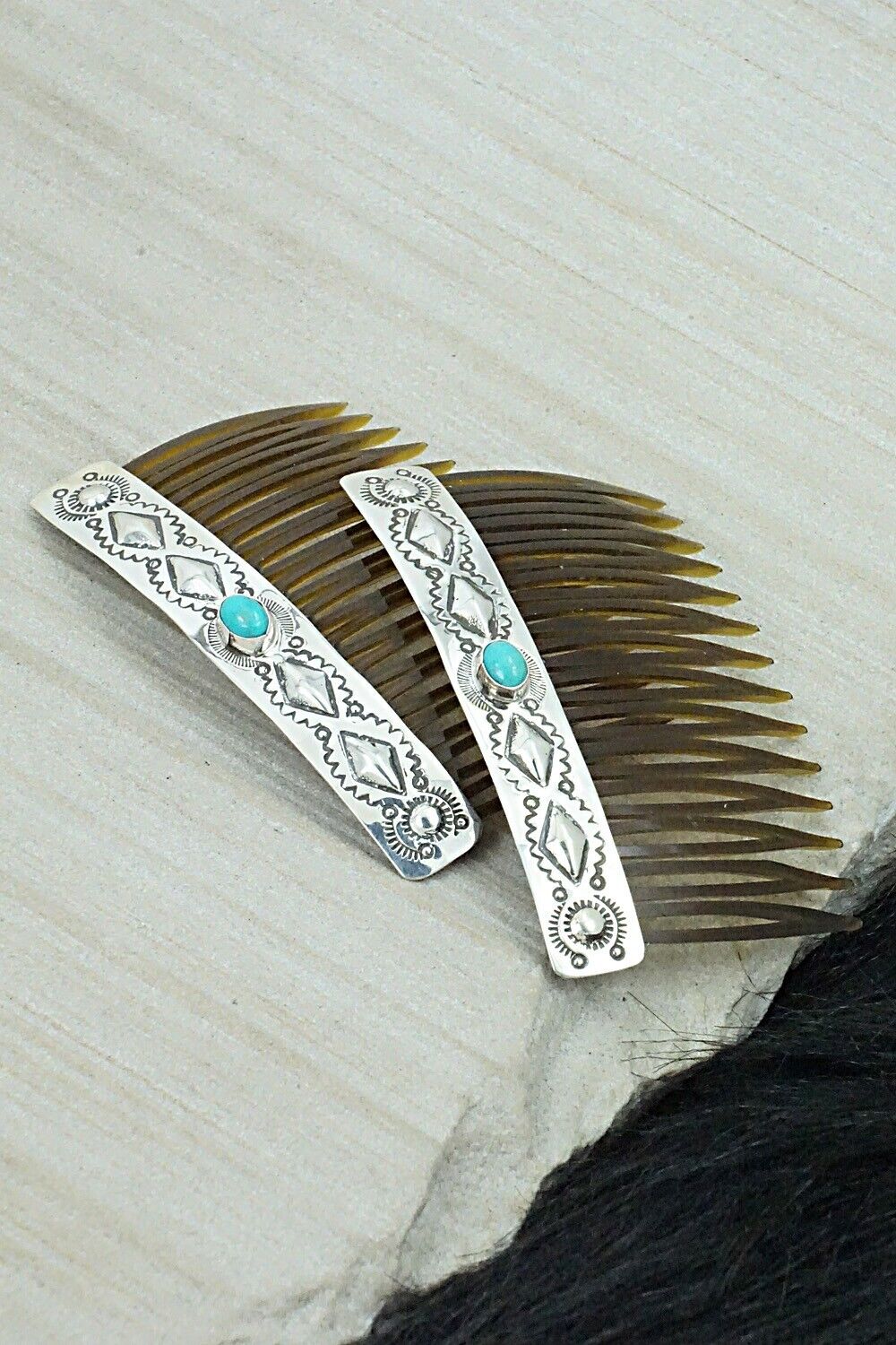 Turquoise & Sterling Silver Hair Combs - Jennie Blackgoat