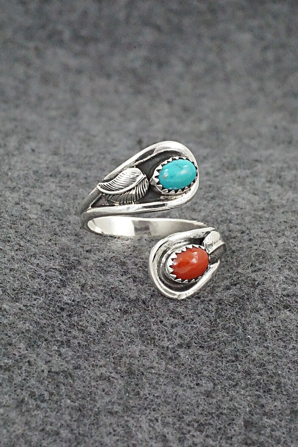 Turquoise, Coral & Sterling Silver Ring - Angela Platero - Size 9