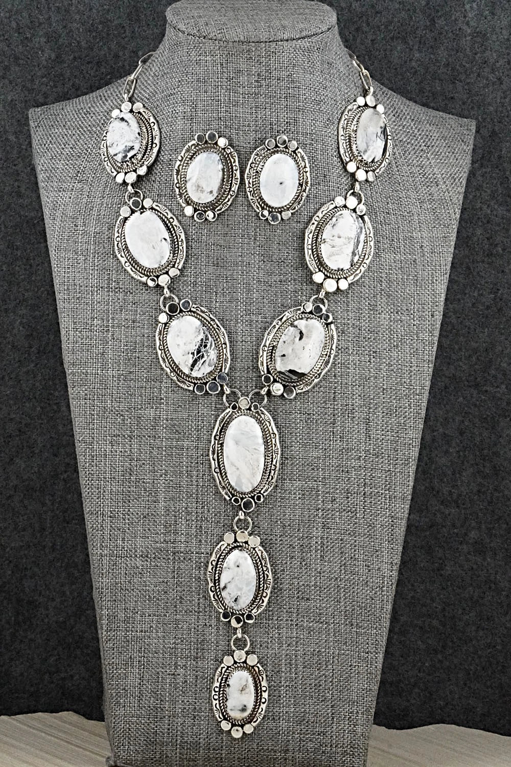 White Buffalo & Sterling Silver Necklace and Earrings Set - Phil Nez