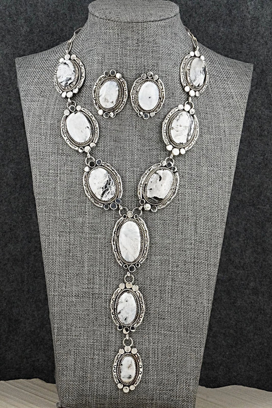 White Buffalo & Sterling Silver Necklace and Earrings Set - Phil Nez