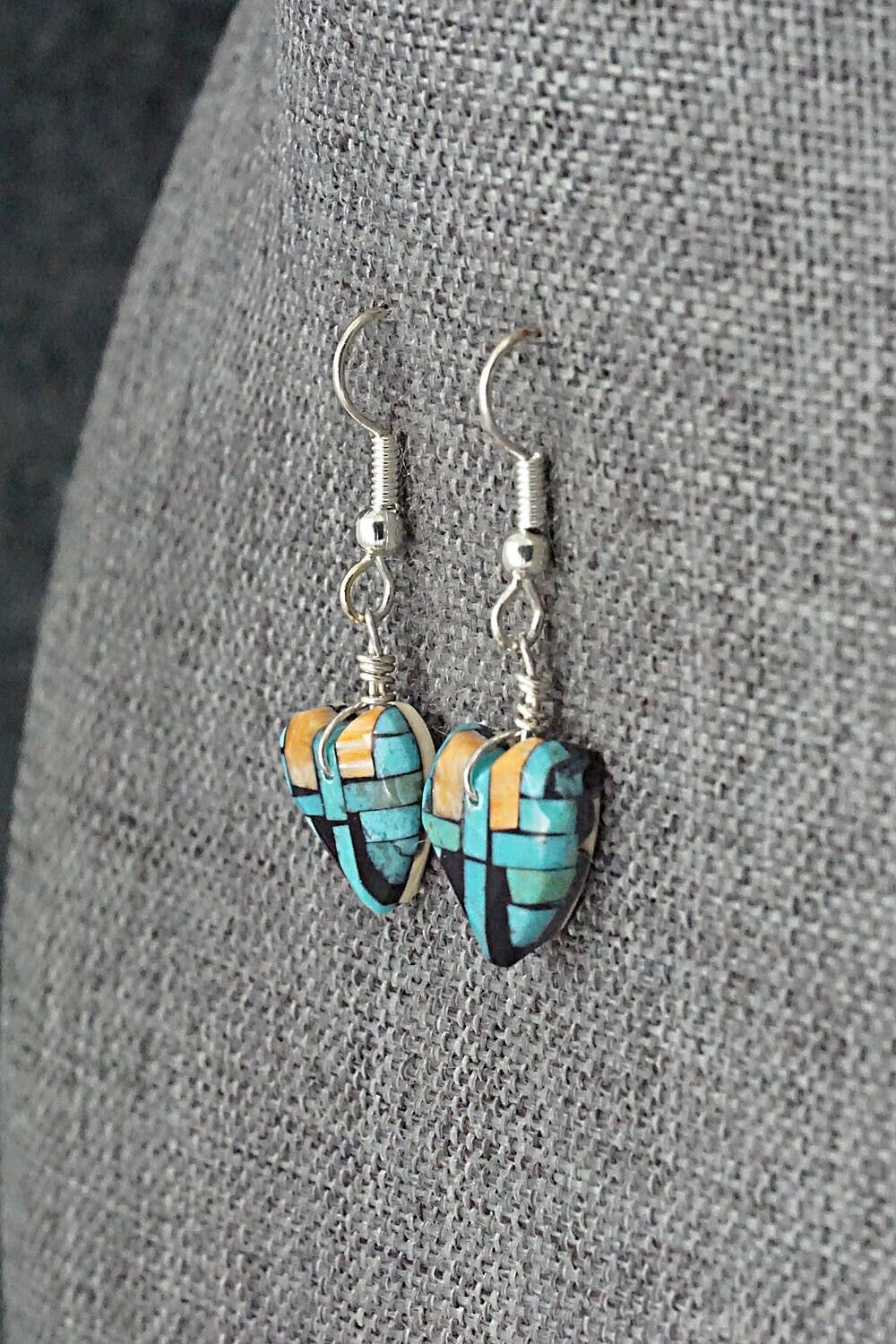 Turquoise, Spiny Oyster, Onyx & Sterling Silver Earrings - Joe Reano