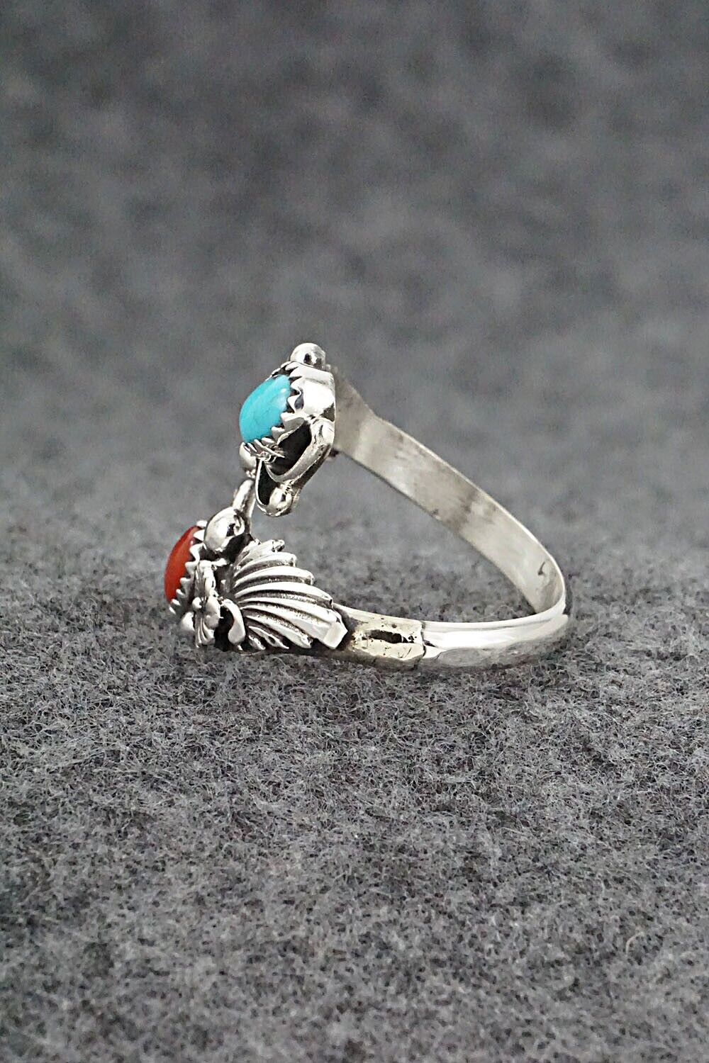 Turquoise, Coral & Sterling Silver Ring - Etta Belin - Size 9.5