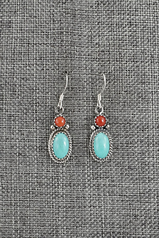 Turquoise, Coral & Sterling Silver Earrings - Verley Betone