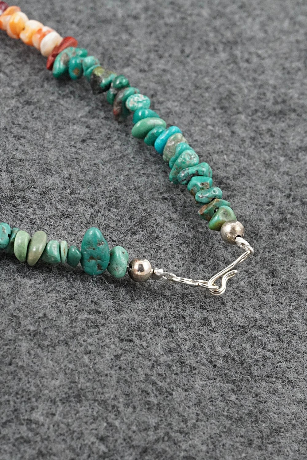 Turquoise, Spiny Oyster & Sterling Silver Necklace 17" - Doreen Jake