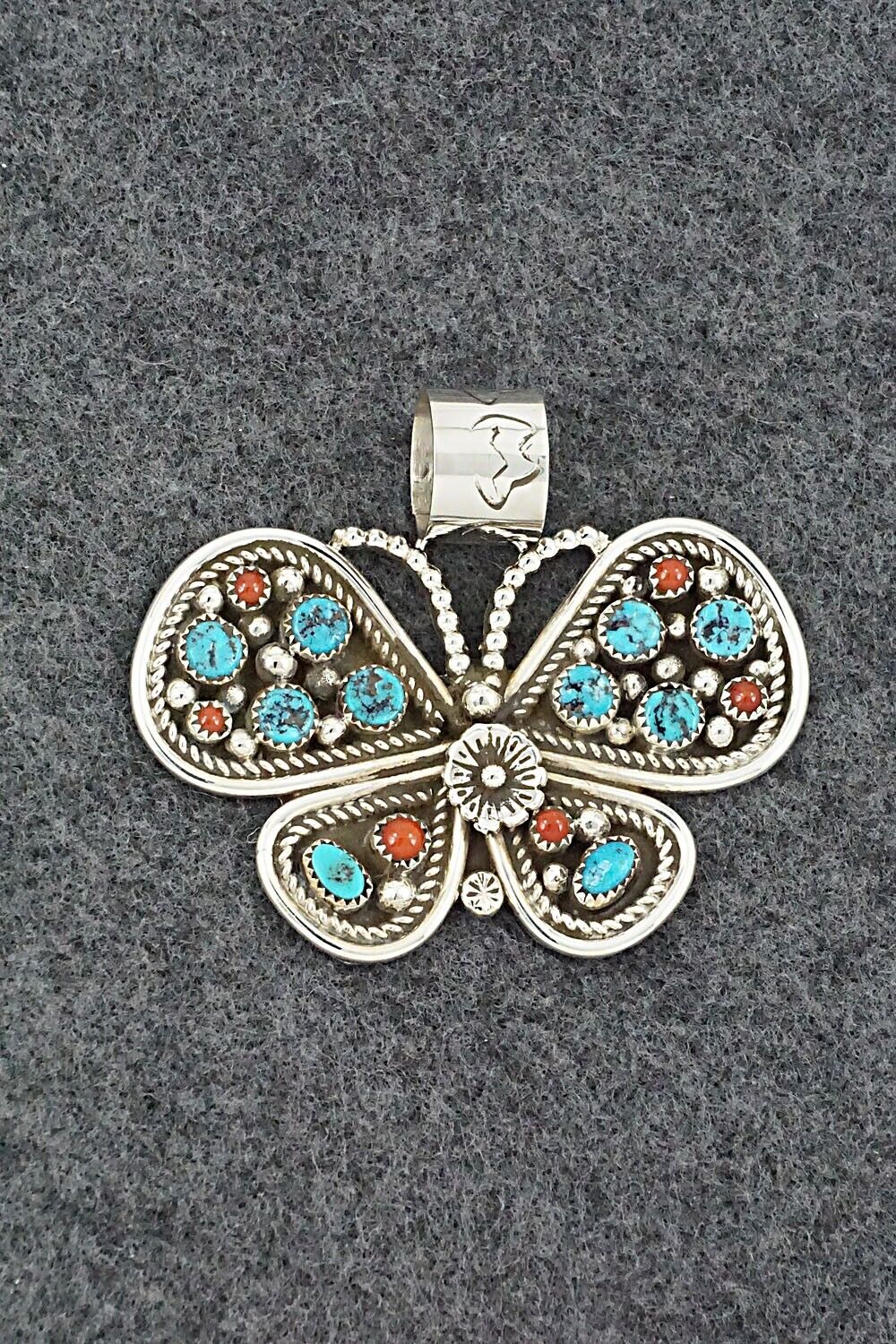 Turquoise, Coral & Sterling Silver Pendant - Darlene Begay