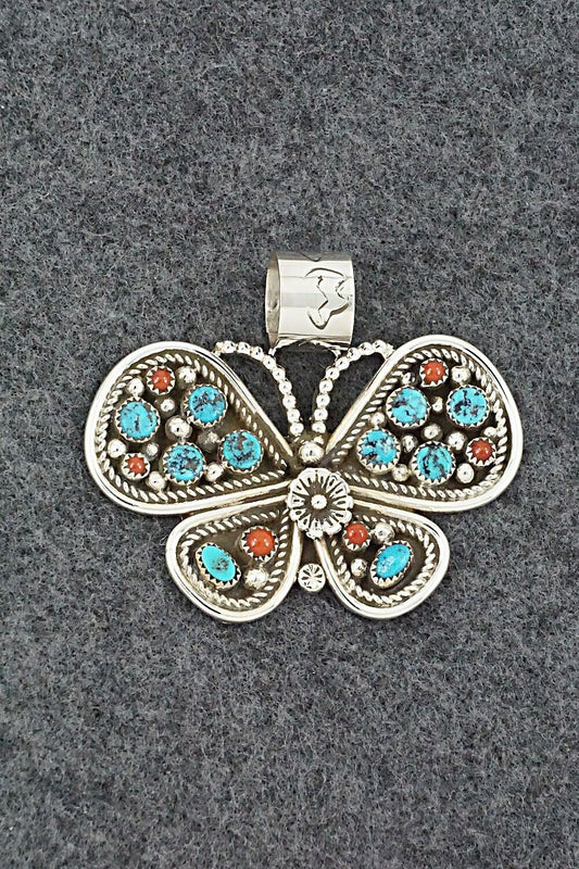 Turquoise, Coral & Sterling Silver Pendant - Darlene Begay