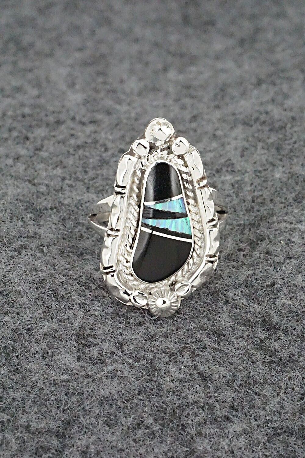 Onyx, Opalite & Sterling Silver Inlay Ring - James Manygoats - Size 7.25