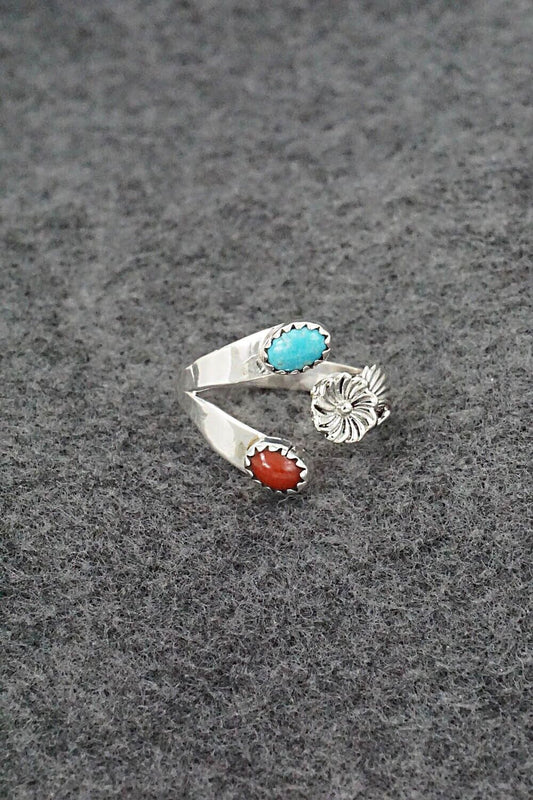 Turquoise, Coral & Sterling Silver Ring - Robert Martinez - Size 7.5