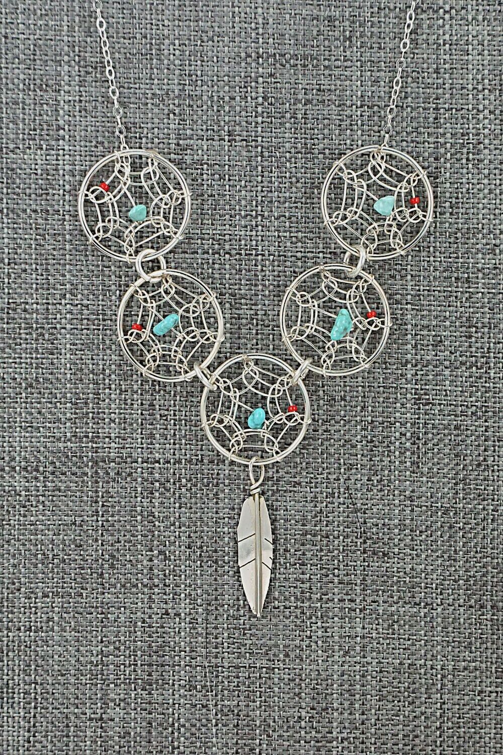 Turquoise, Coral & Sterling Silver Necklace - Lorenzo Arviso Jr.