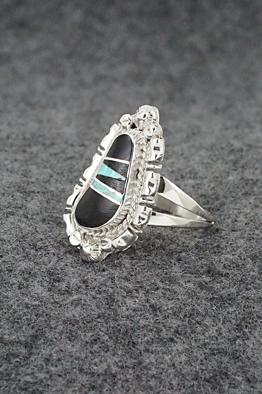Onyx, Opalite & Sterling Silver Inlay Ring - James Manygoats - Size 7.25