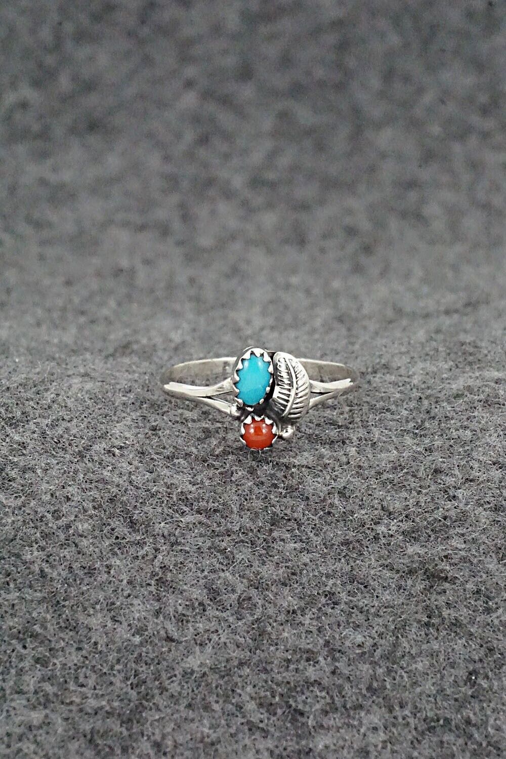 Turquoise, Coral & Sterling Silver Ring - Betty Hawthorne - Size 6.75