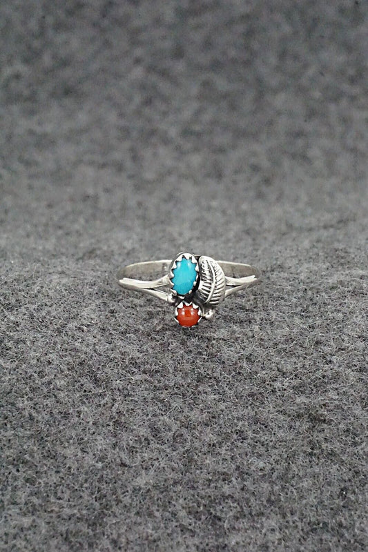 Turquoise, Coral & Sterling Silver Ring - Betty Hawthorne - Size 6.75