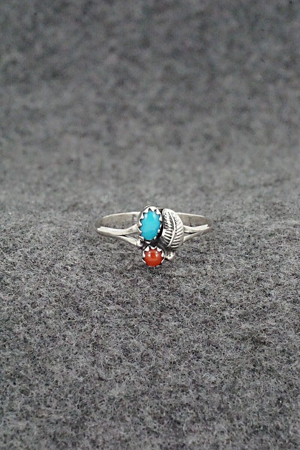 Turquoise, Coral & Sterling Silver Ring - Betty Hawthorne - Size 7.25