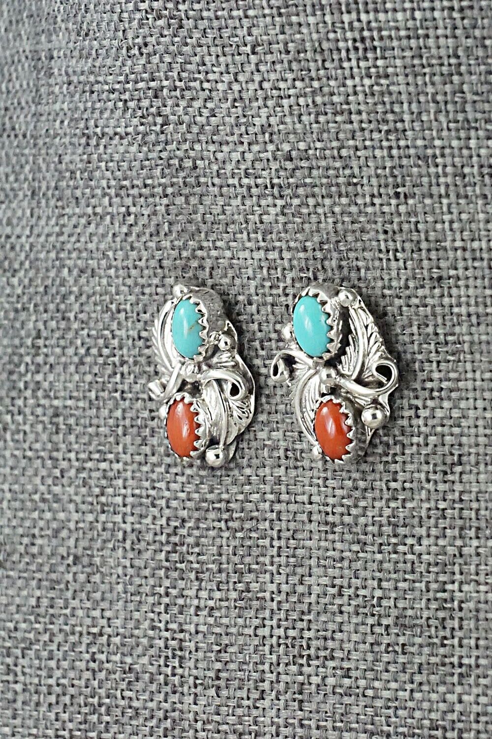 Turquoise, Coral & Sterling Silver Earrings - Genevieve Francisco