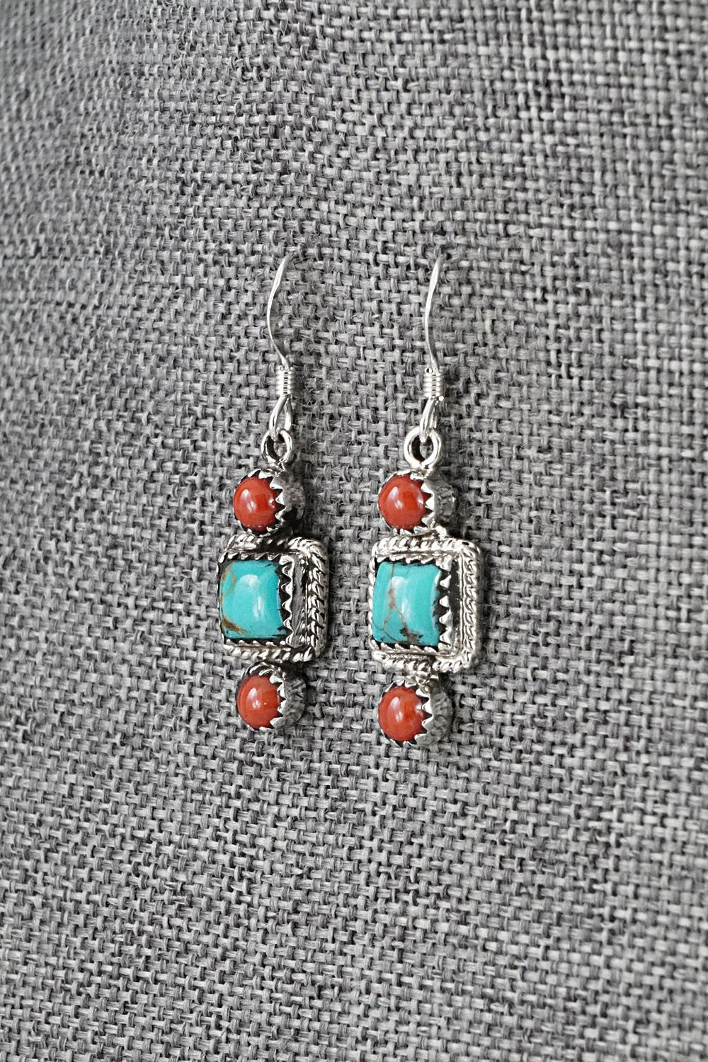Turquoise, Coral & Sterling Silver Earrings - Gary Shorty