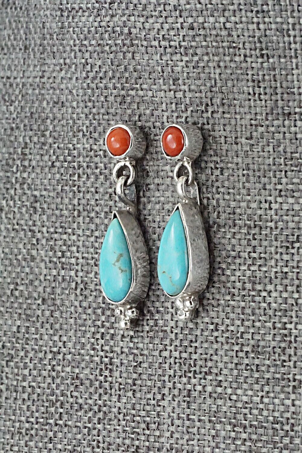 Turquoise, Coral and Sterling Silver Earrings - Gary Shorty