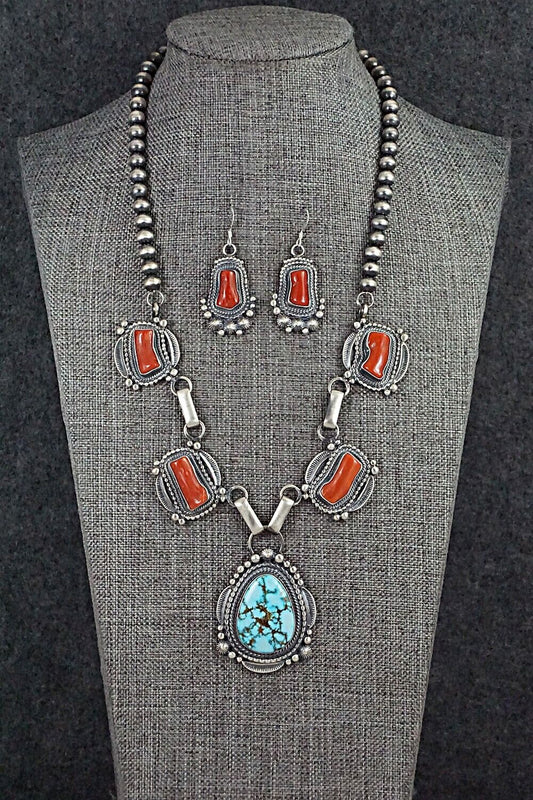 Turquoise, Coral & Sterling Silver Necklace and Earrings Set - Tom Lewis