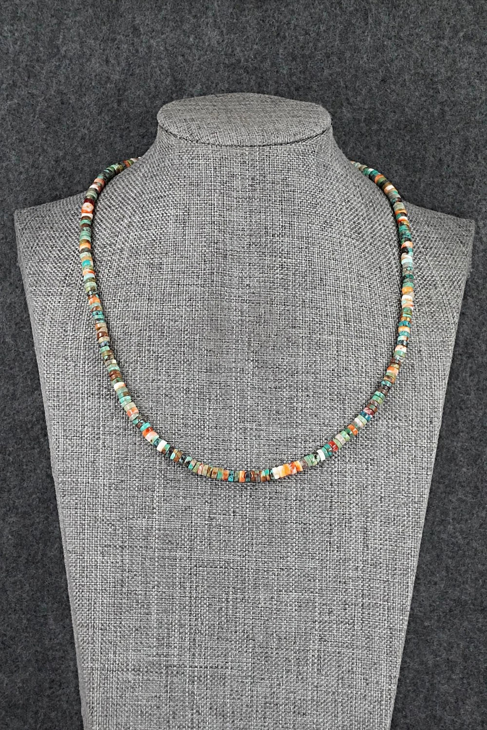 Turquoise, Spiny Oyster & Sterling Silver Necklace 17" - Doreen Jake