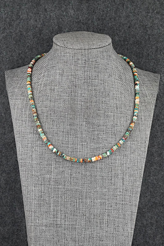 Turquoise, Spiny Oyster & Sterling Silver Necklace 17" - Doreen Jake